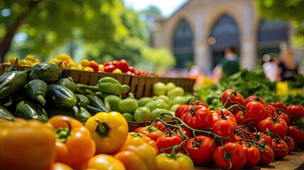 background, a bustling farmers market could be seen with shoppers selecting their favorite fruits and vegetables, surrounded by the vibrant green leaves of the garden. The aroma of fresh food filled - Powered by Adobe