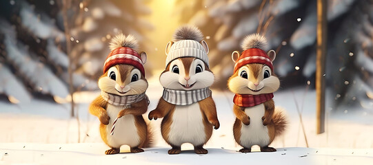 Three chipmunks in hats Winter landscape. Squirrels. Generated AI. Photoshop has been improved.