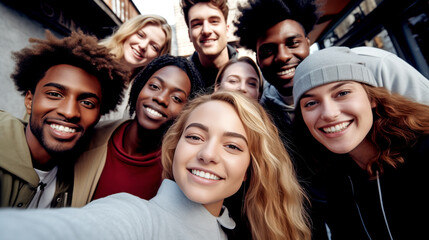 Fototapeta premium MULTIETHNIC HAPPY GROUP OF YOUNG PEOPLE TAKING SELFIE. legal AI 