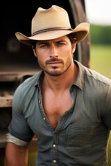 A handsome American in a hat on the farm