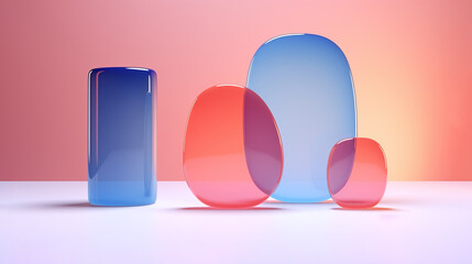 Product mockup background. Abstract shapes of colored transparent glass shapes for product display mockup. Bright color mock up podium background for perfume or cosmetic products - obrazy, fototapety, plakaty
