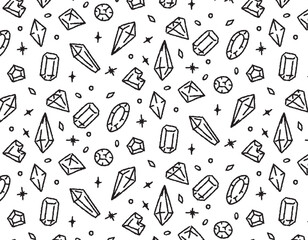 Doodle diamonds pattern in hand drawn color, line gems on a transparent background. Vector jewelry stones