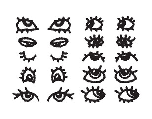 set of doodle eyes on a white background, illustration drawn in pencil.