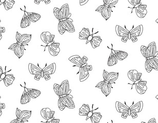 Vector insect moth pattern, line style illustration, doodle vector. Pattern on a transparent background, cute butterflies.