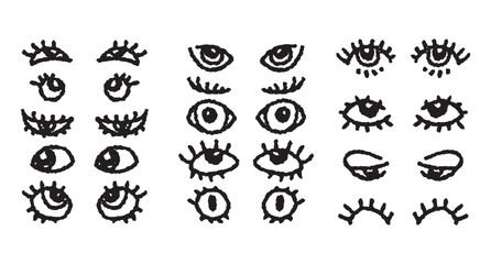 set of doodle eyes on a white background, illustration drawn in pencil.