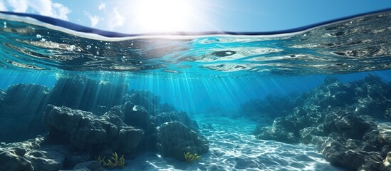 Fototapeta na wymiar Amazing undersea landscape with clear blue cyan water. AI generated image