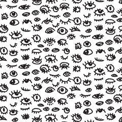 Fototapeta na wymiar Seamless pattern with eyes and eyelashes. Hand drawn, ink illustration. Ornament for wrapping paper. Monochrome design.