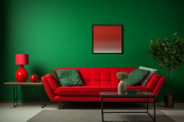 Inviting Home interior red sofa green wall. Green fashion. Generate Ai