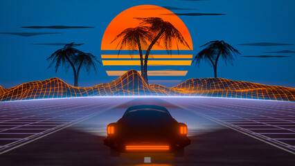 Synthwave Car Adventure: Retrowave Background with Vaporwave 80s Landscape, Video Game Aesthetics, Poly Grid Blue Neon Lights, and Futuristic Sci-Fi Design