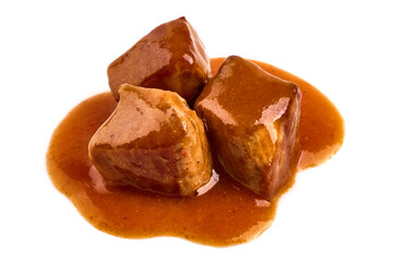 Meat stew, goulash with sauce, isolated on white background.
