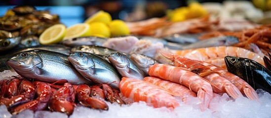Keeping fresh Seafood raw storage with ice at the fish and shrimp market. AI generated - obrazy, fototapety, plakaty