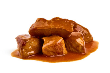Stewed pork goulash, isolated on white background.