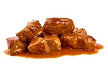 Meat stew, goulash with sauce, isolated on white background.