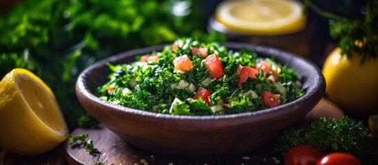 Traditional dish Tabbouleh vegetarian Salad with parsley, vegetable, mint and tomatoes. AI generated