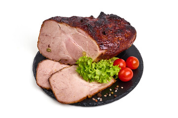 Roasted pork meat, smoked spicy glazed meat, isolated on white background.