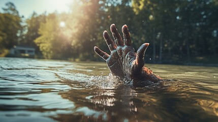 Single hand drowning in river water need help. AI generated image - obrazy, fototapety, plakaty