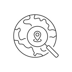 Obraz premium Search location. Earth with magnifier and maps pin icon line style isolated on white background. Vector illustration