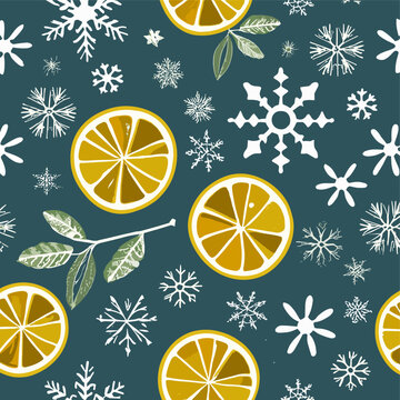 Vector christmas pattern 
with citrus fruits lemons and snowflakes
 on a blue background. 2024 New Year's fashion
ornament for fabric, paper, textiles, notepad,
children clothing, postcard.