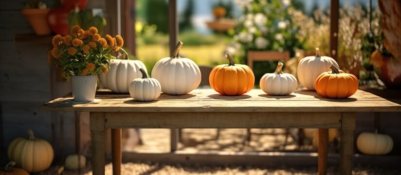 A collection of orange pumpkins on table with natural background. AI generated image