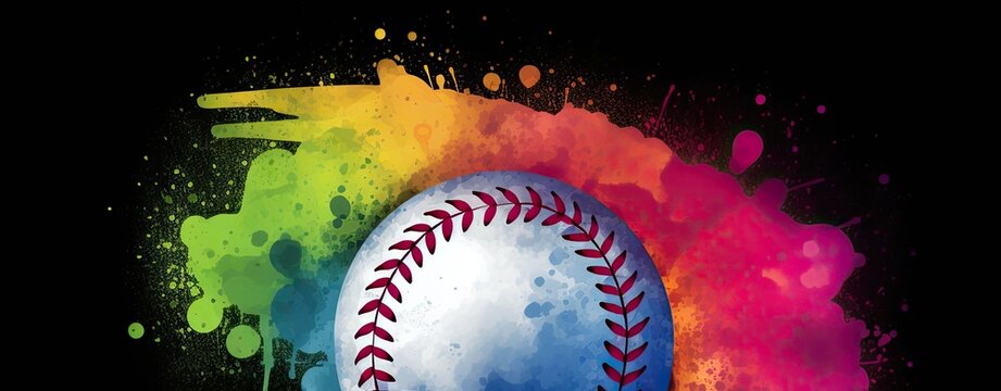 Colorful Rainbow Splash Baseball on a Black Canvas Generative AI