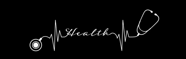 Continous draw stethoscope with health text, ekg line design on black background. Healthcare symbol for use in health industry, cardiology, medical care, hospital, health science projects.