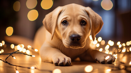 Cute close-up of a Labrador puppy portrait surounded by festive fairy lights at christmas