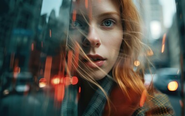 Street photography of beautiful woman, double exposure color
