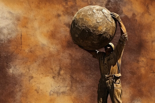 Abstract vintage metallic image of the worker lifting the earth up