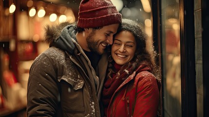 A smiling young couple wearing sweaters and Christmas fur hats and gloves embrace in front A hallmark version of the outside of Santa's workshop-covere with snow with all the decorations of Christmas  - obrazy, fototapety, plakaty
