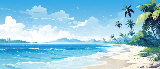 From the white isolated background, an exquisite design captures the beauty of nature's elements, blending the vibrant hues of the blue sky, green landscape, and shimmering sea, creating a