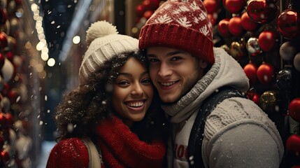 A smiling young couple wearing sweaters and Christmas fur hats and gloves embrace in front A hallmark version of the outside of Santa's workshop-covere with snow with all the decorations of Christmas  - obrazy, fototapety, plakaty