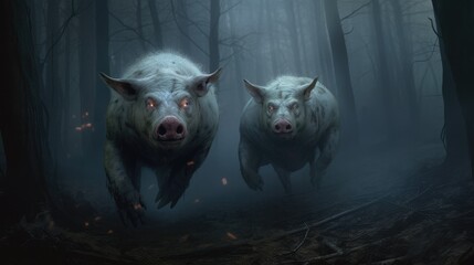 Haunting Encounter: Terrifying Ghost Pigs Roaming the Dark Forest - obrazy, fototapety, plakaty