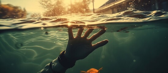 Closeup of human hand drowning in lake at sunset view. AI generated image