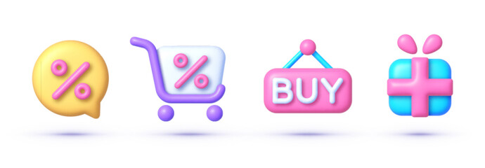3D shopping icon set. Discount promotion. 3d business icon set. Vector icons