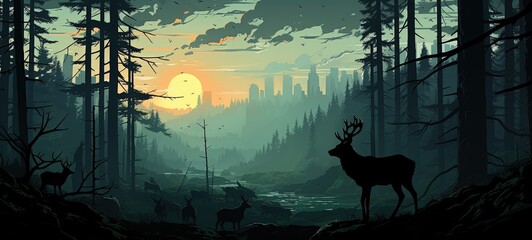 Tranquil Sunset in Forest with Deer and Cityscape