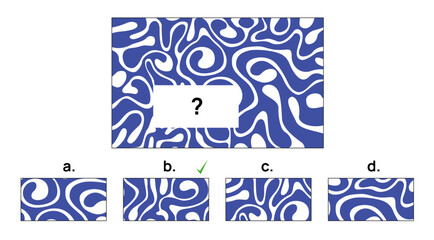 Fototapeta premium IQ test question with one main ornament shape graphic from which a part is missing and four given options. The b. option is the correct answer.