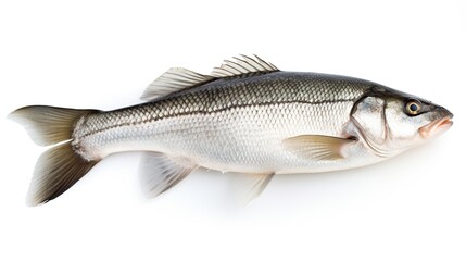 One raw fresh sea bass isolated on white background. AI generated image