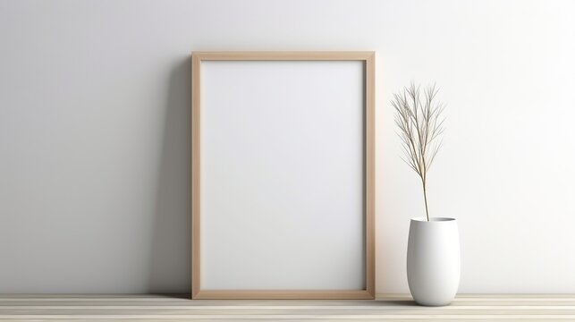 Empty frame for mockup on the table and vase ceramic with dried flowers isolated white background
