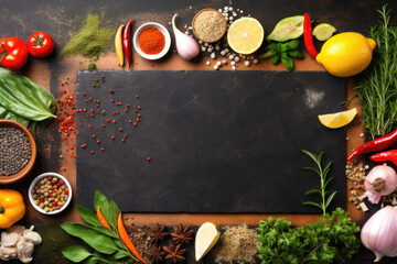 Vegetables and spices on dark background with free space for text, healthy food