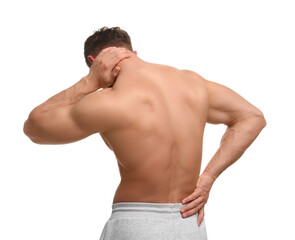 Man suffering from neck and back pain on white background, back view