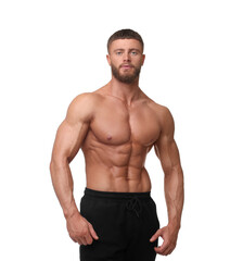 Young bodybuilder with muscular body on white background