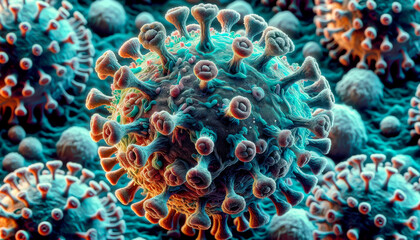Viruses and pathogens in a viral epidemic infection. virus microscopic view of floating with virus cells. Generative Ai - obrazy, fototapety, plakaty
