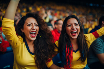 Latin american football fans from Colombia celebrating a goal inside a stadium - obrazy, fototapety, plakaty