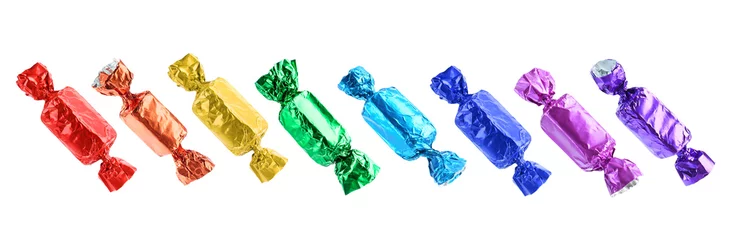 Schilderijen op glas Tasty candies in bright wrappers isolated on white, set © New Africa