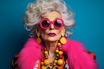 Fashionable senior woman with bright makeup and pink sunglasses. Studio shot.