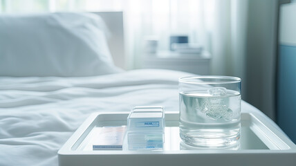 Sunlit space, white hues, bed scene with pills, water, bathed in warm light.