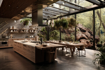 Obraz na płótnie Canvas Biophilic interior design of modern kitchen with large brown wooden dining table and floral decor