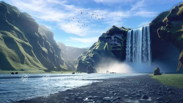 beautiful view of the waterfall. Seamless looping 4k time-lapse virtual video animation background 