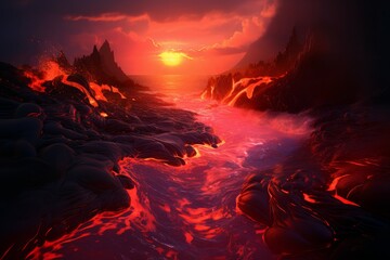 Scorching Hot lava flow. Magma crater sky. Generate Ai