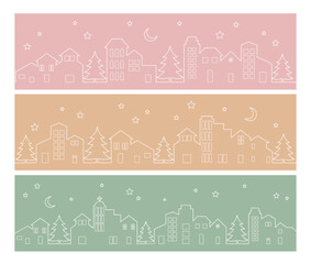 City skyline outline doodle banner set, white line cityscape night sky, buildings under the moon cartoon border vectors